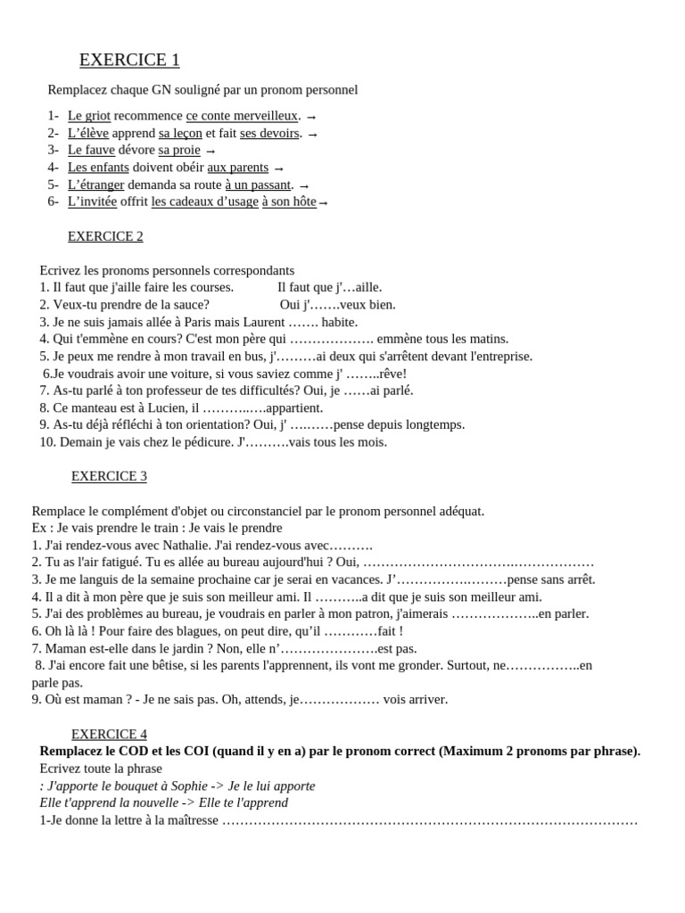 Exercices sur les pronoms personnels en français | PDF