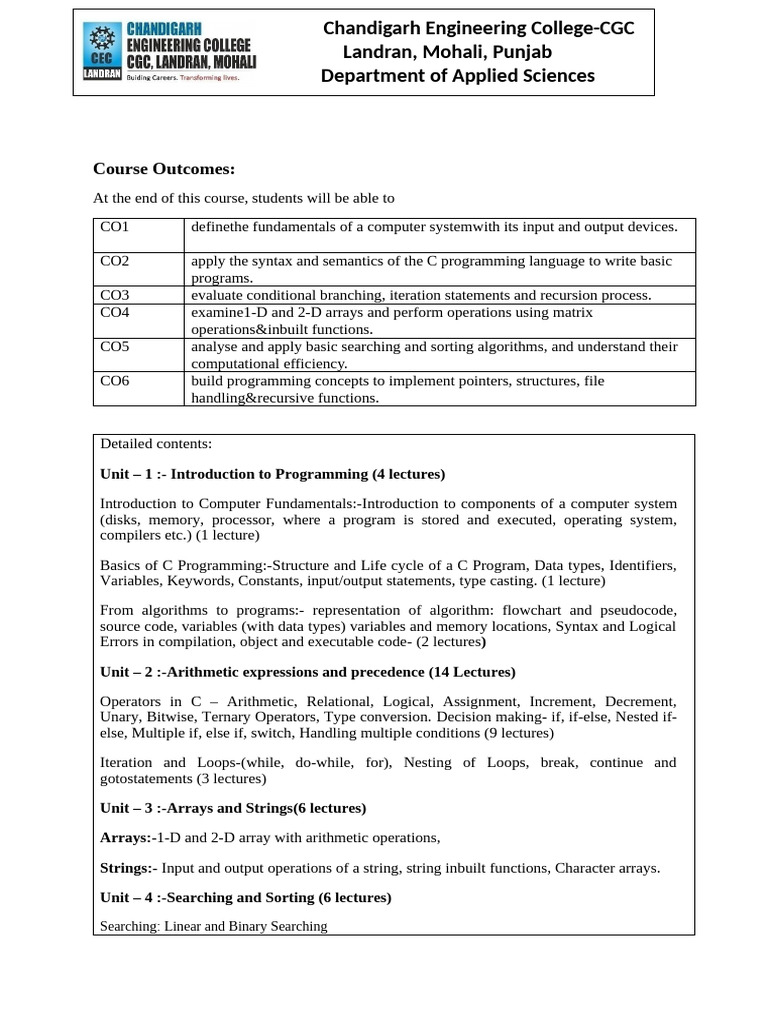 C Programming Course Outcomes and Syllabus | PDF | Pointer (Computer ...