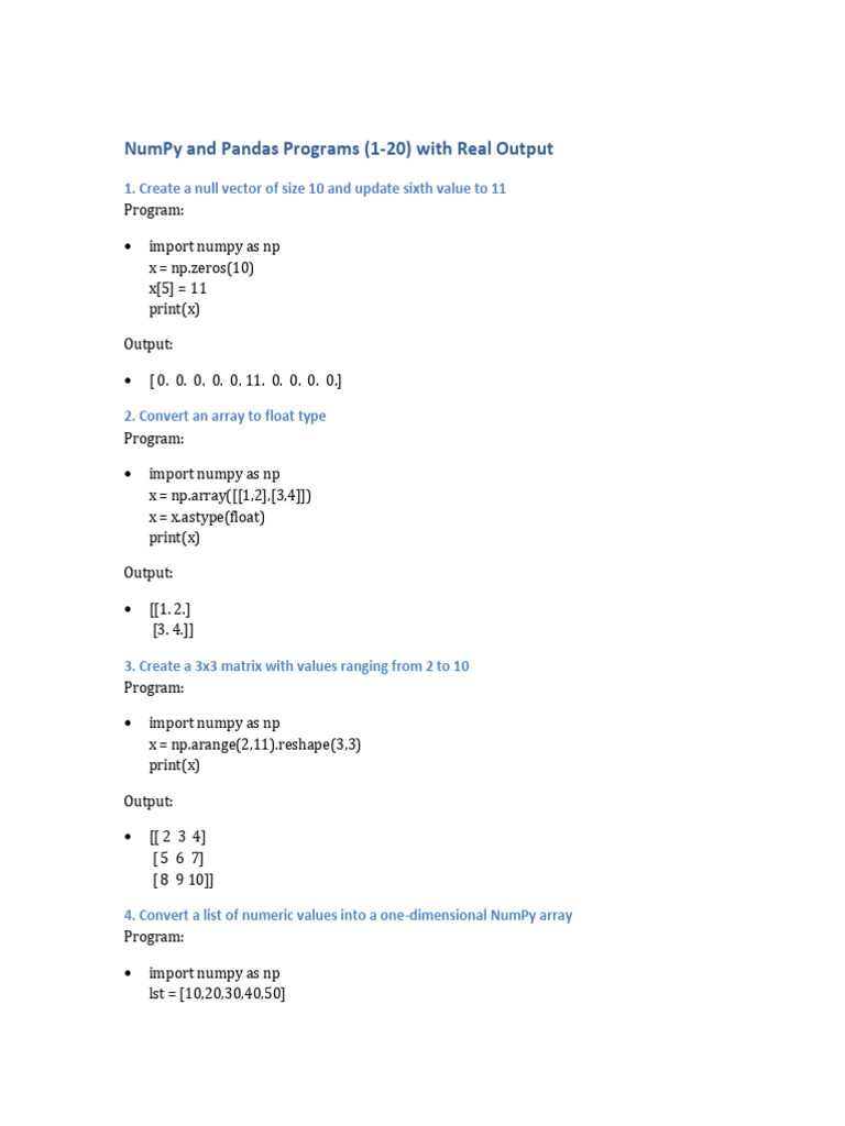 NumPy and Pandas Code Examples | PDF | Algebra | Linear Algebra