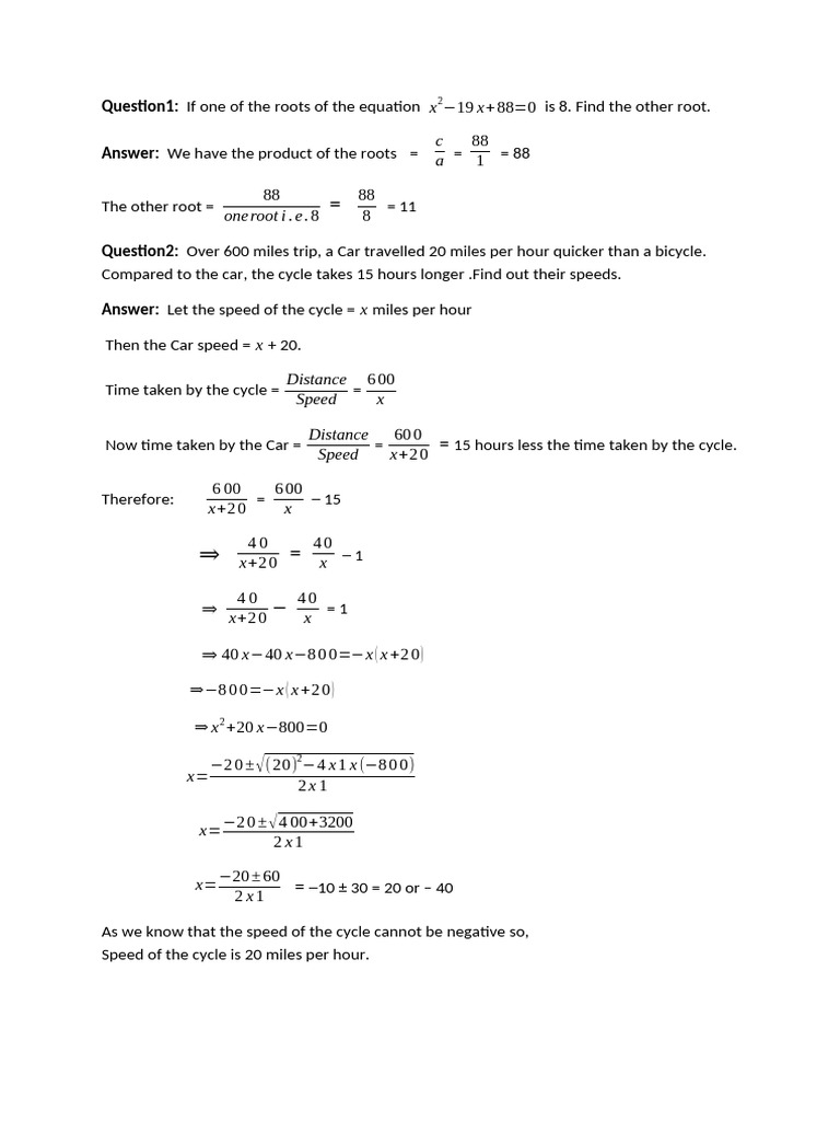 Solving Quadratic and Speed Problems | PDF | Square Root | Inequality ...