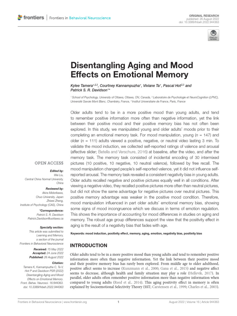 Aging, Mood, and Emotional Memory Effects | PDF | Affect (Psychology ...