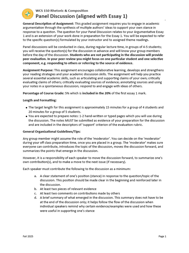 WCS 150 Panel Discussion Guidelines | PDF | Essays | Communication