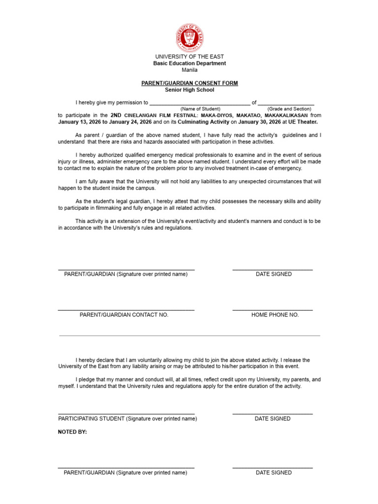 Parent Consent for Film Festival Participation | PDF