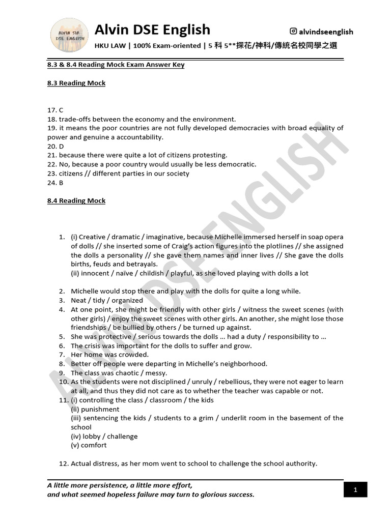 DSE English Mock Exam Answer Key | PDF