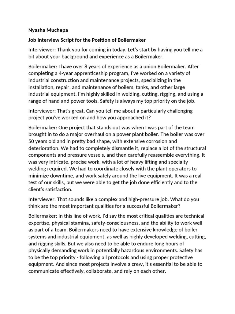 JOB INTERVIEW SCRIPT FOR THE POSITION OF BOILERMAKER1 | PDF