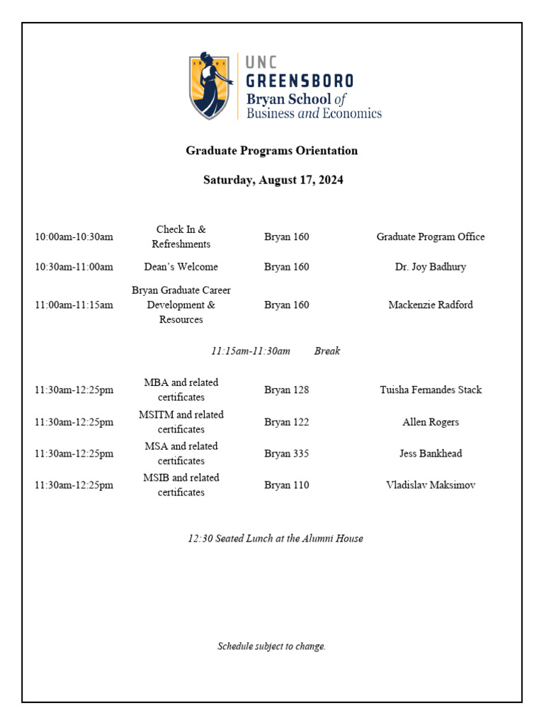 Graduate Programs Orientation Schedule | PDF