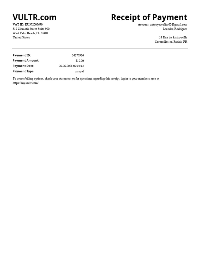 VULTR Payment Receipt Details | PDF