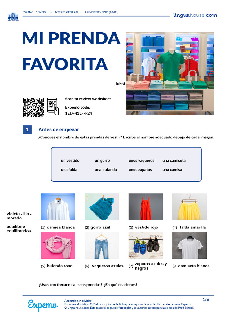 Vocabulario de Ropa en Español A2-B1 | PDF | Plural | Ropa