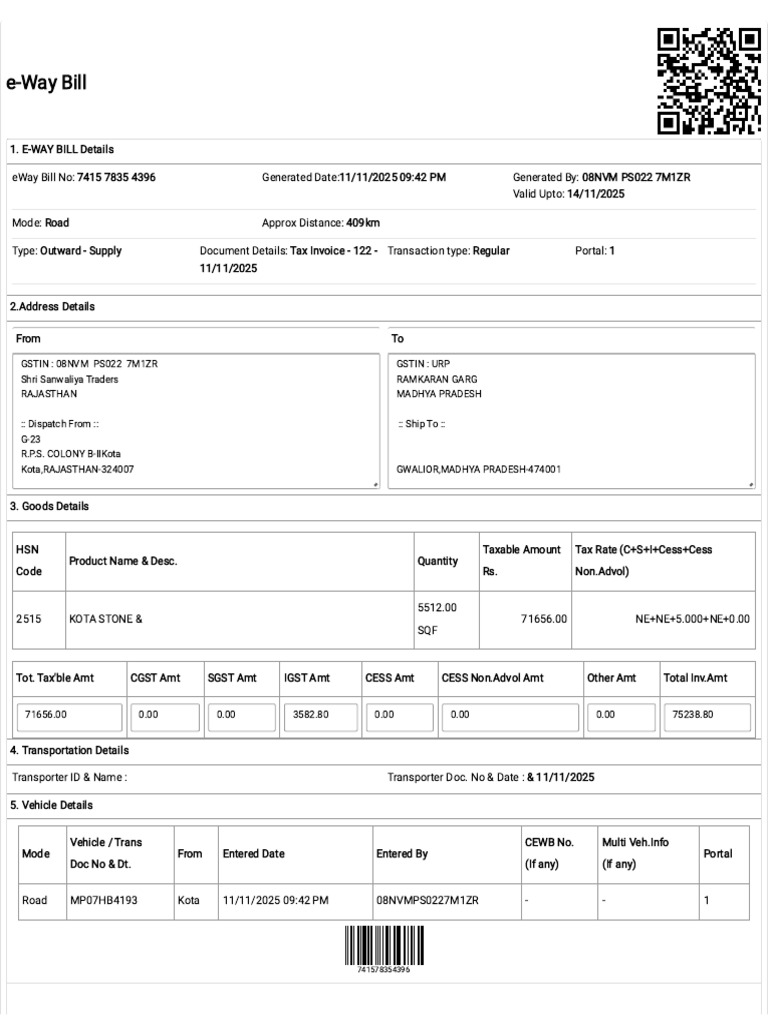 E-Way Bill Details and Transportation Info | PDF
