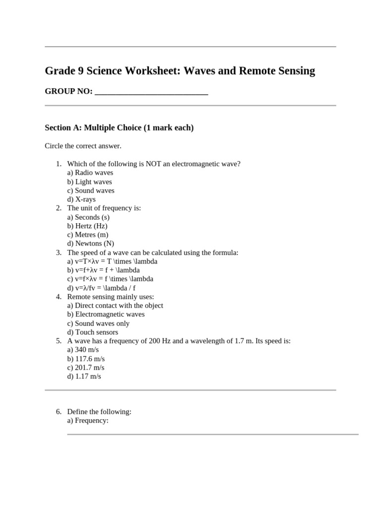 Grade 9 Science: Waves & Remote Sensing Worksheet | PDF