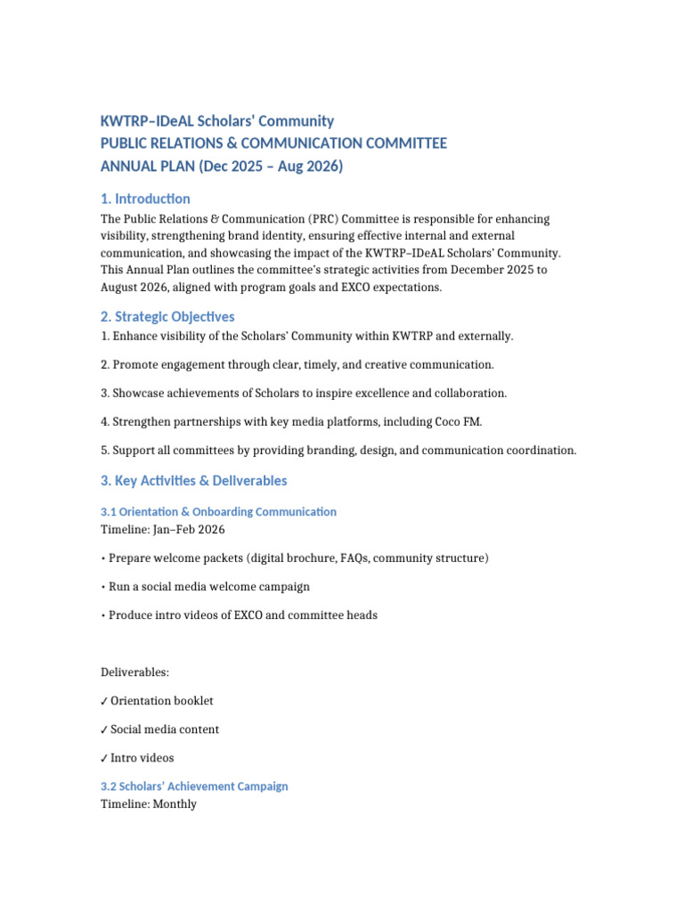 KWTRP–IDeAL PRC Annual Plan 2025-2026 | PDF