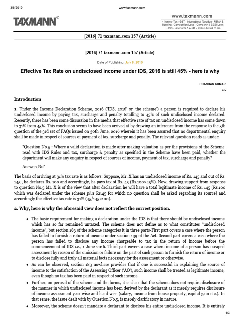 Effective Tax Rate on undisclosed income under IDS, 2016 is still 45% ...