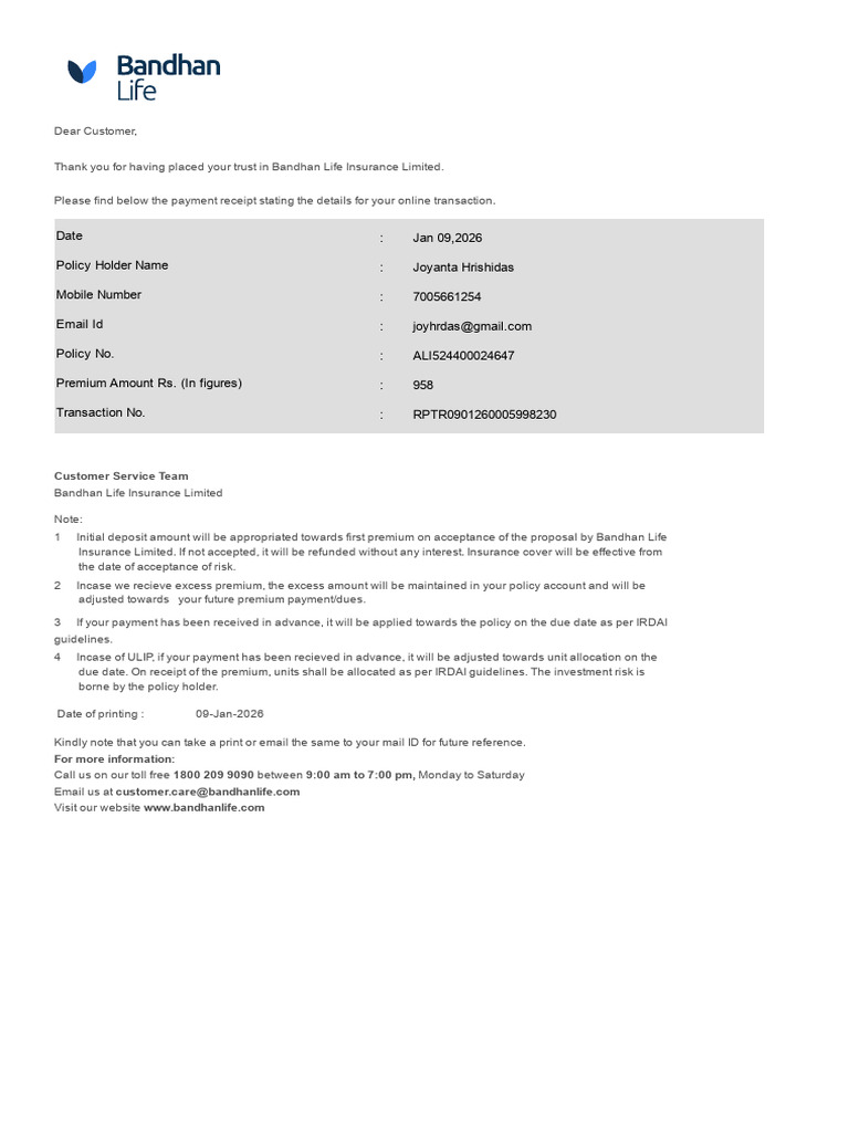 Bandhan Life Insurance Payment Receipt | PDF