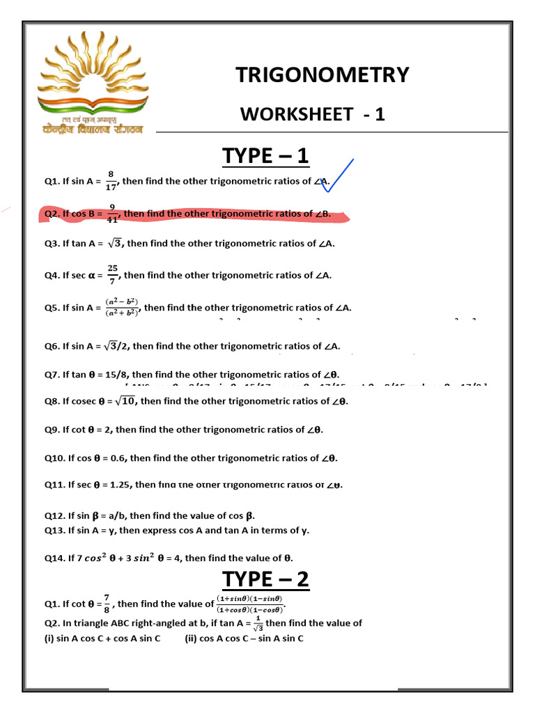Trigonometry Worksheet - 1 | PDF | Trigonometry | Trigonometric Functions