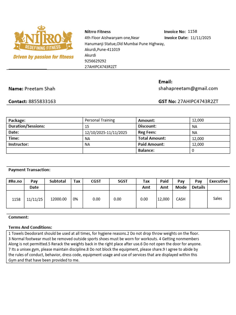 Nitrro Fitness Invoice for Personal Training | PDF | Invoice | Payments