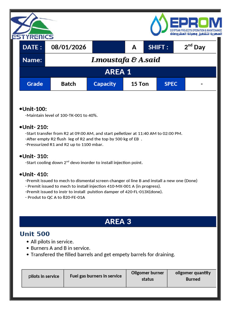 Daily Operations Report for Area Units | PDF | Energy Technology