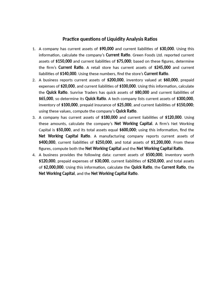 Practice Questions of Ratios | PDF | Net Income | Working Capital