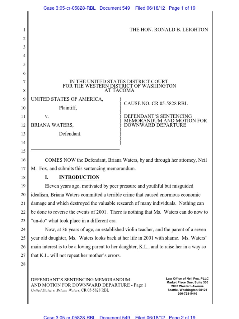Briana Waters Sentencing Memorandum PDF United States Federal