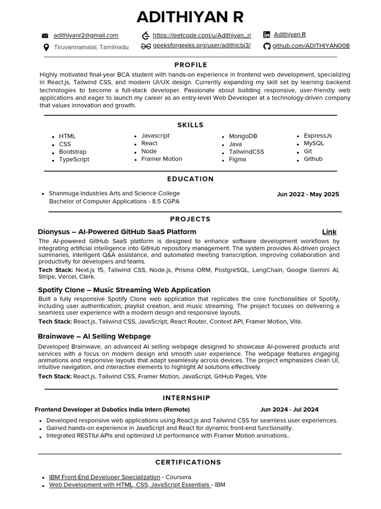 ADITHIYAN_RESUME | PDF | Web Development | Java Script