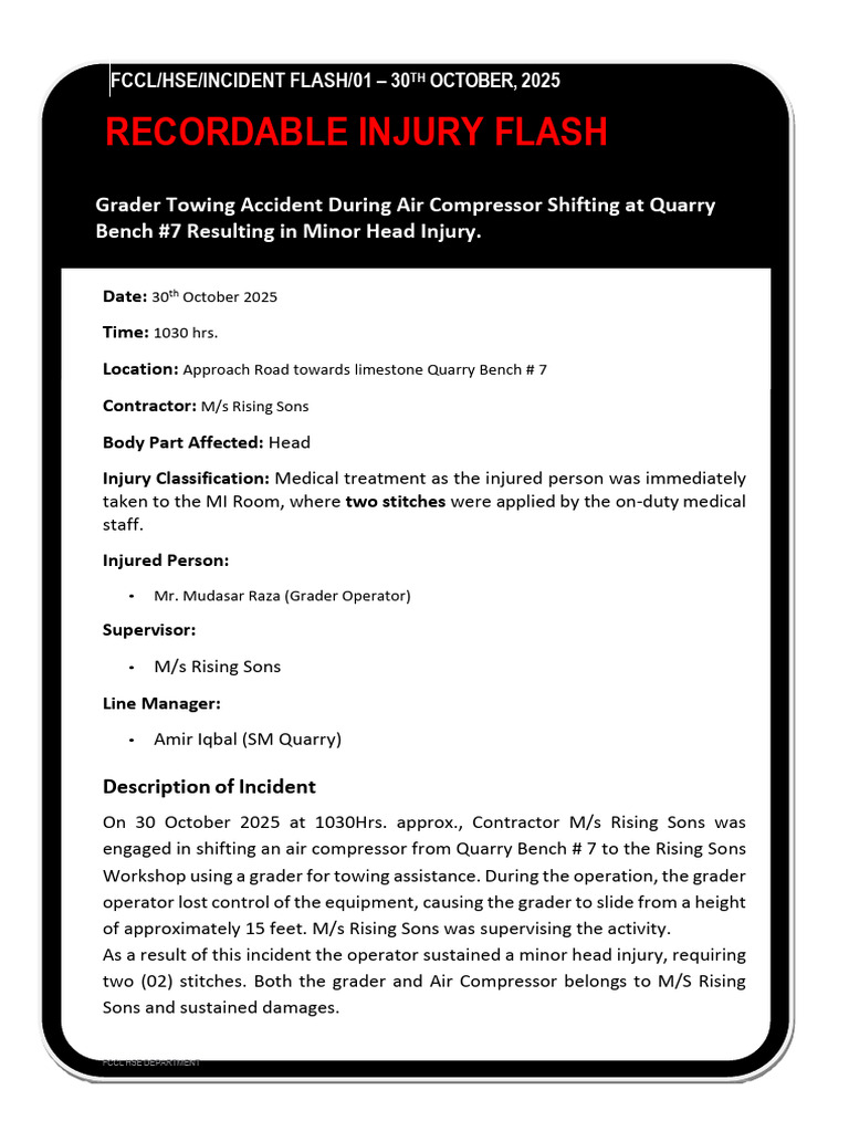 Grader Towing Accident: Minor Injury Report | PDF | Safety ...