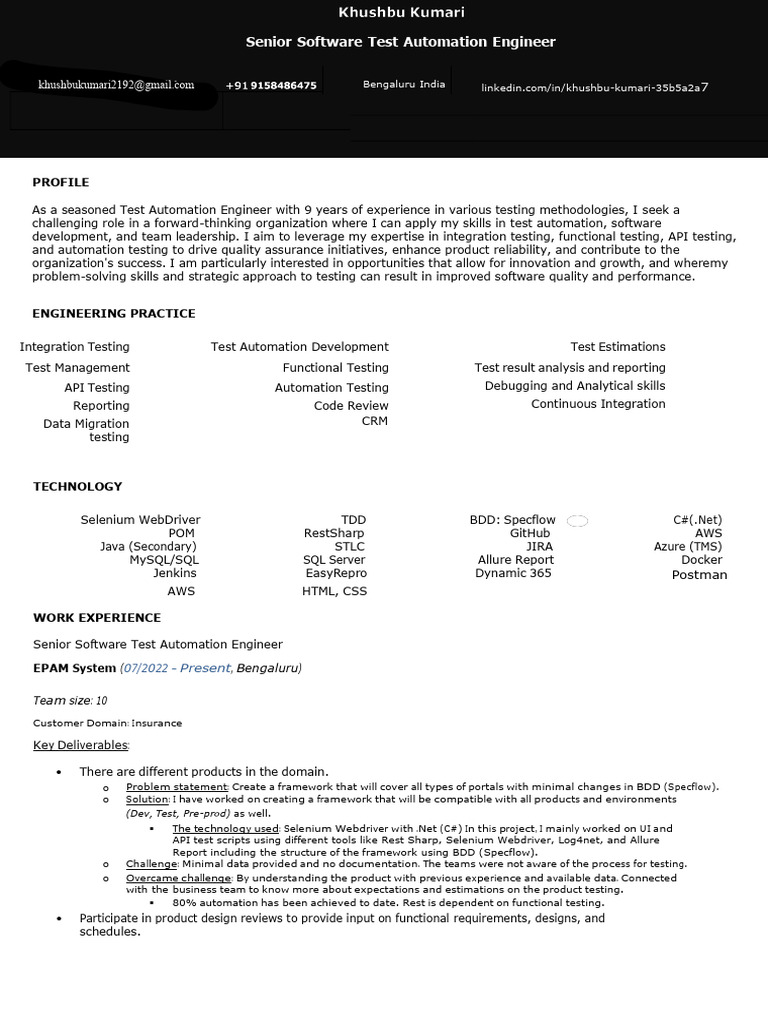 Senior Test Automation Engineer Resume | PDF | Selenium (Software ...