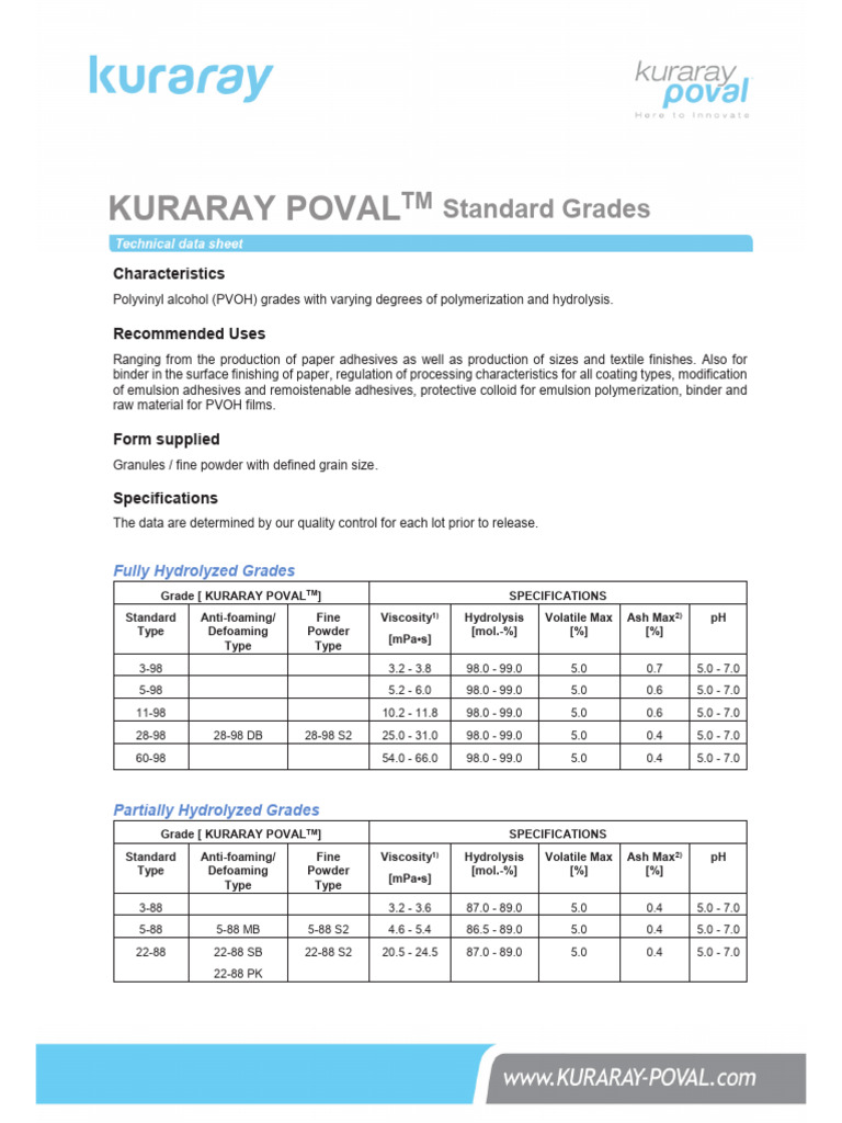 KURARAY POVALTM PVOH Grades Overview | PDF | Adhesive | Polymers