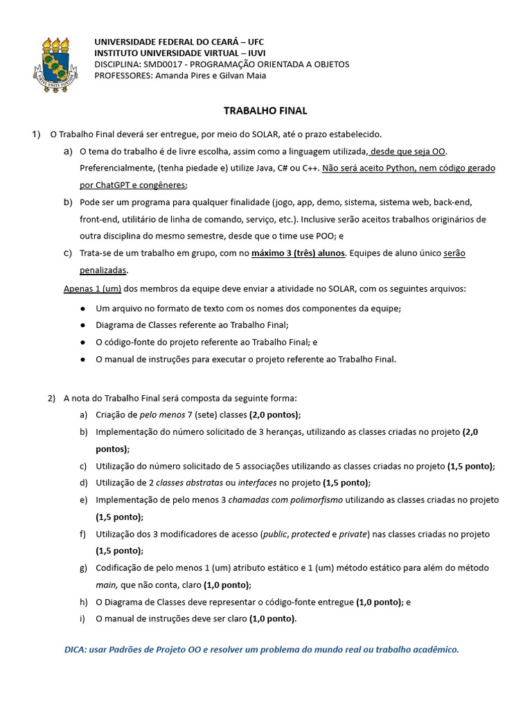 Trabalho Final em Programação OO | PDF | Classe (programação de ...
