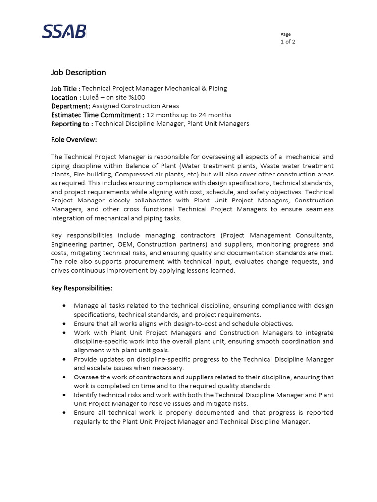 Appendix 1. TPM Mechanical_Piping_Job Descript-2 | PDF | Specification ...