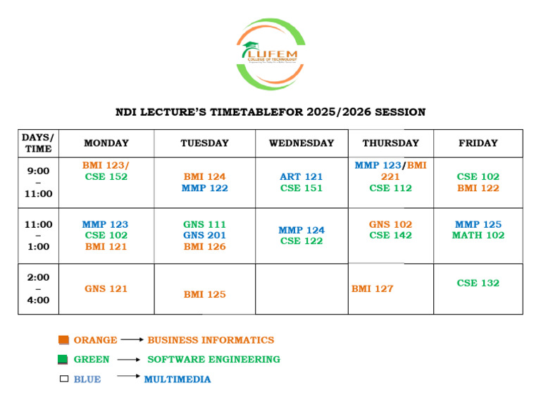 NDI 2025/2026 Lecture Timetable | PDF