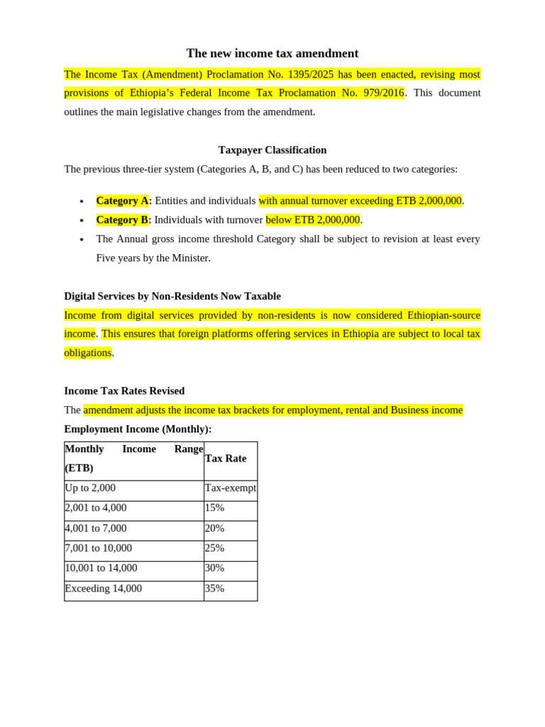 Ethiopia's 2025 Income Tax Amendment Overview | PDF | Taxes | Income Tax