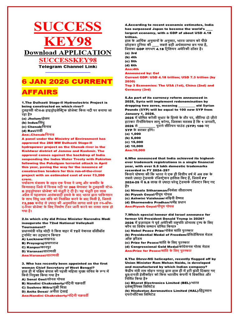 6 Jan 2026 Current Affairs PDF | PDF