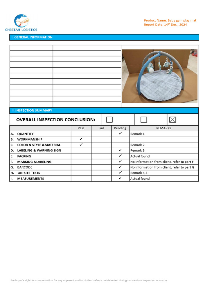 Inspection Report for Baby Gym Play Mat (1) | PDF