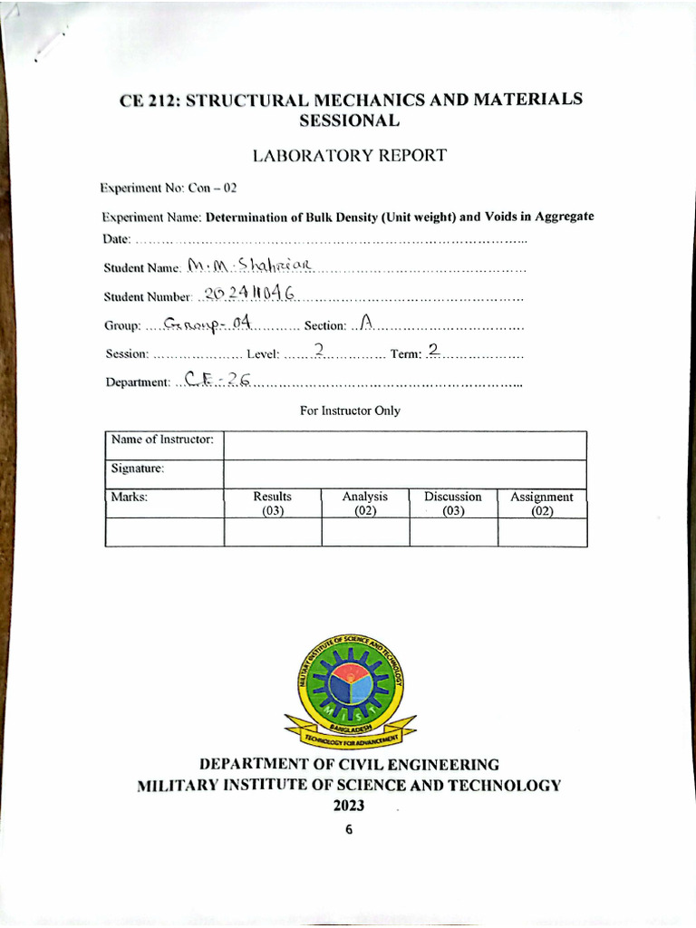 M.M.shahriar Determination of Unit Weight and Void Concrete Lab Report ...