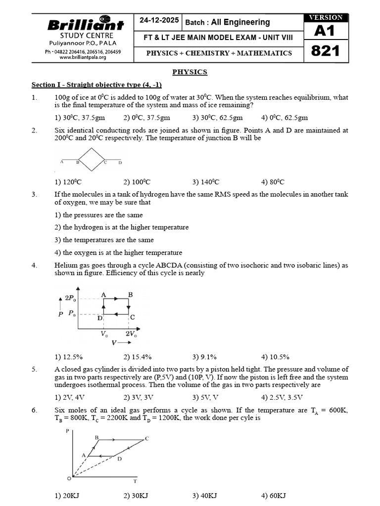 JEE Main Model Exam: Physics & Chemistry | PDF | Ellipse | Gases