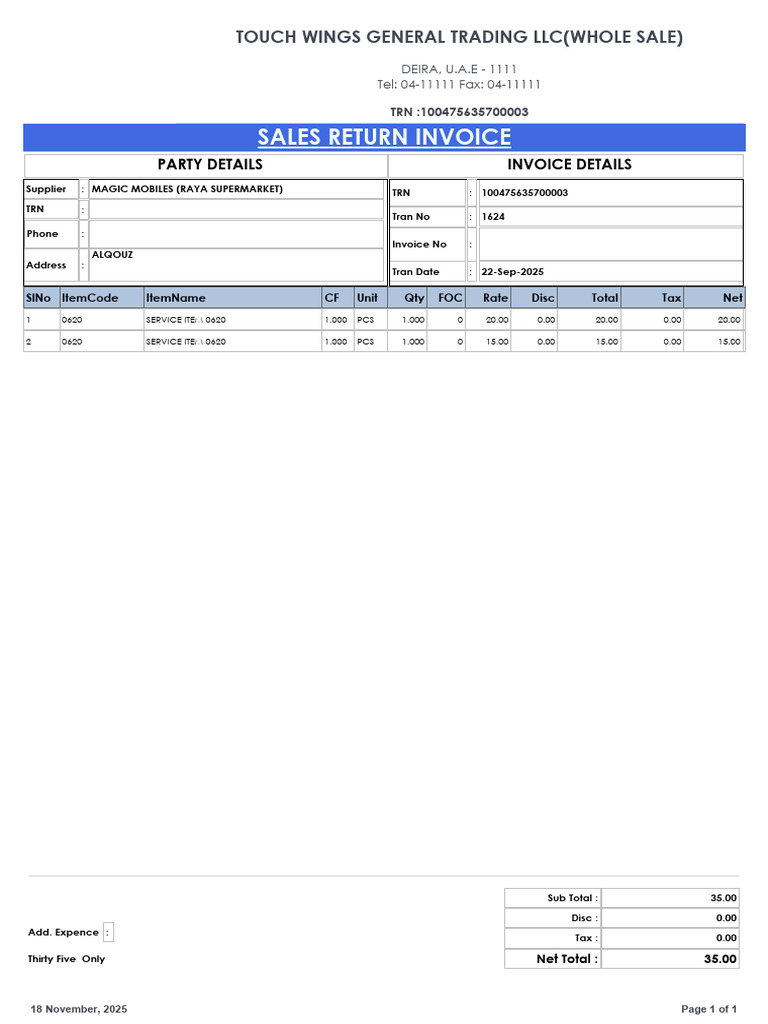 Sales Return Invoice - Touch Wings Trading | PDF