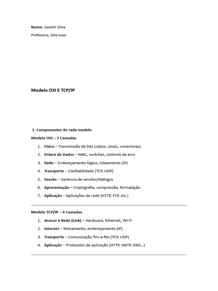 Comparação entre Modelos OSI e TCP/IP | PDF