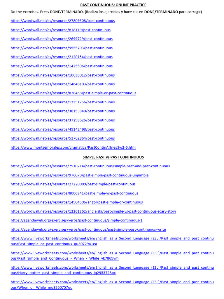Past Continuous Online Exercises | PDF