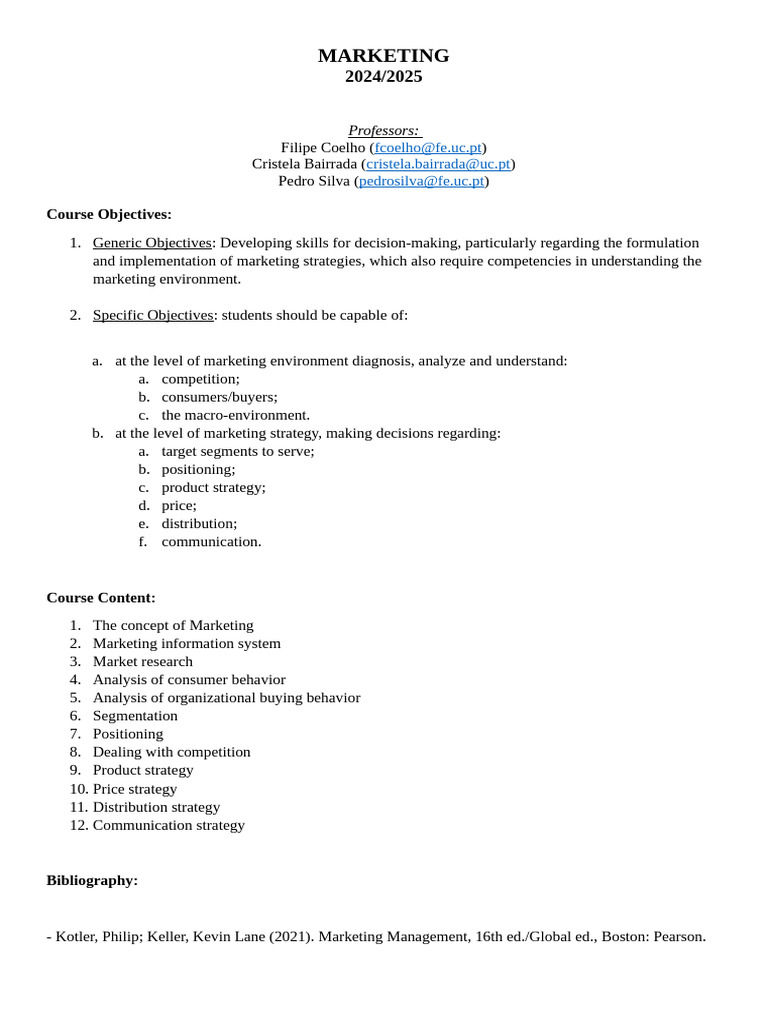 Marketing Course Overview 2024/2025 | PDF | Marketing | Marketing Strategy