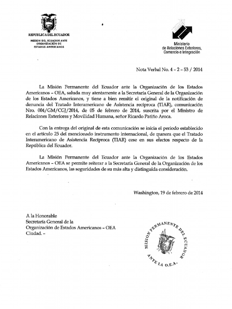 Nota Verbal Ecuador No 4-2-53-2014 | PDF