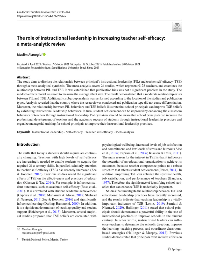 The role of instructional leadership in increasing teacher self ...