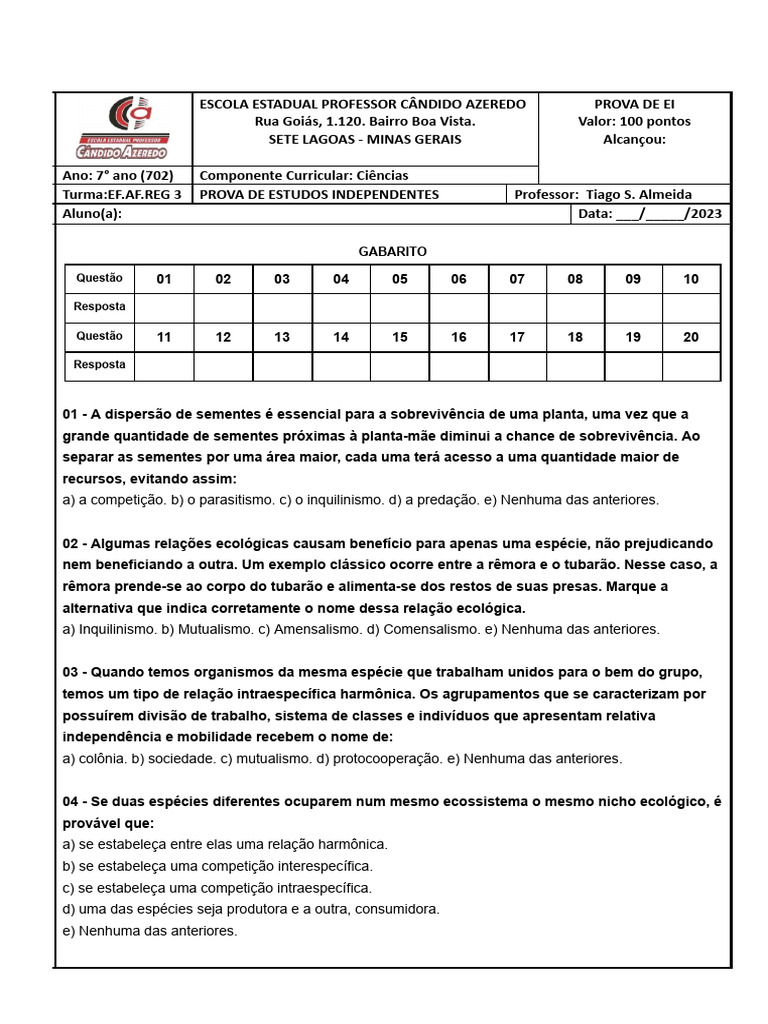Prova de Ciências - 7º Ano EF | PDF | Calor | Transferência de calor