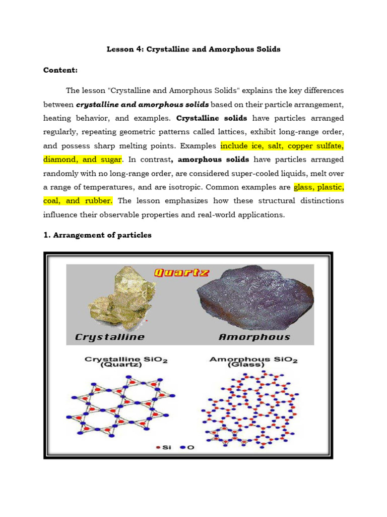 LESSON 4 Activity Crystalline and Amorphous Solids INDIVIDUAL PT | PDF ...