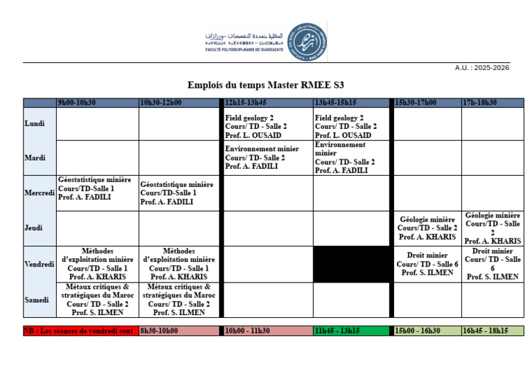 Emplois du temps Master RMEE S3 2025-2026 | PDF