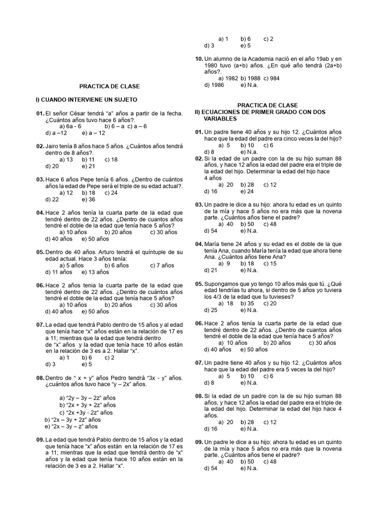 Ejercicios de Edades y Ecuaciones | PDF