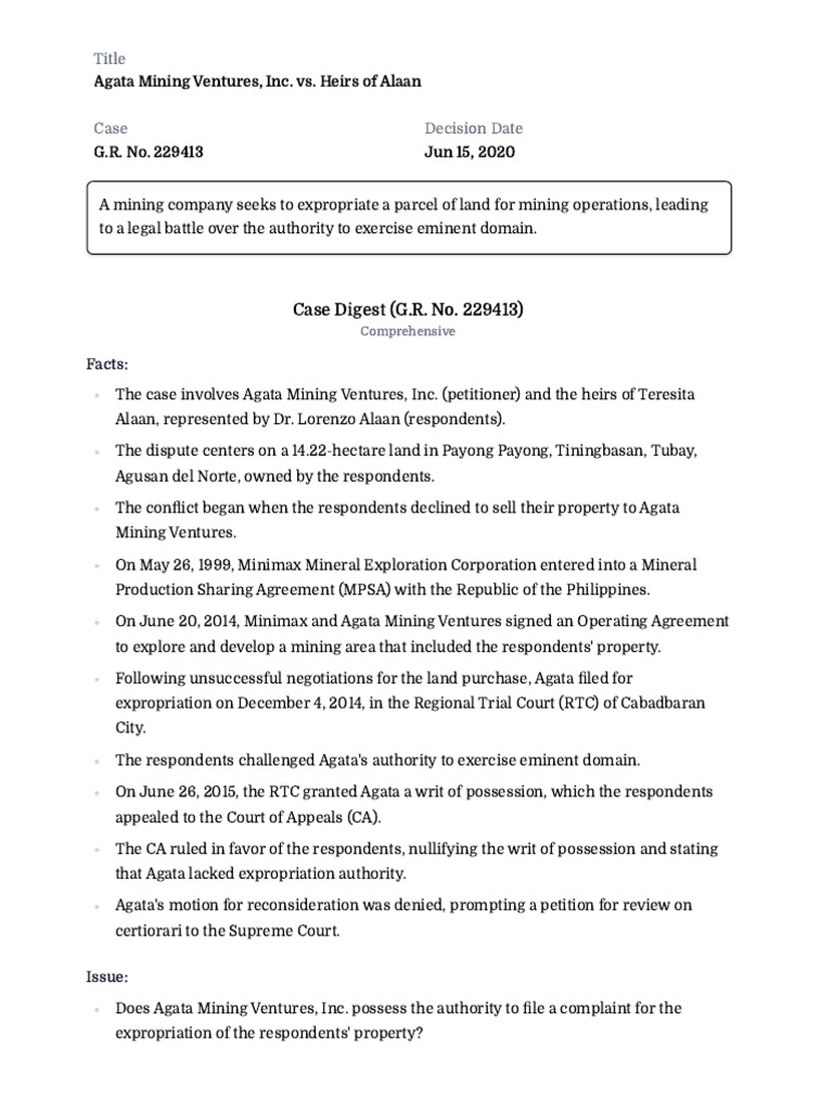Agata Mining Expropriation Case Summary | PDF | Eminent Domain | Law Of ...