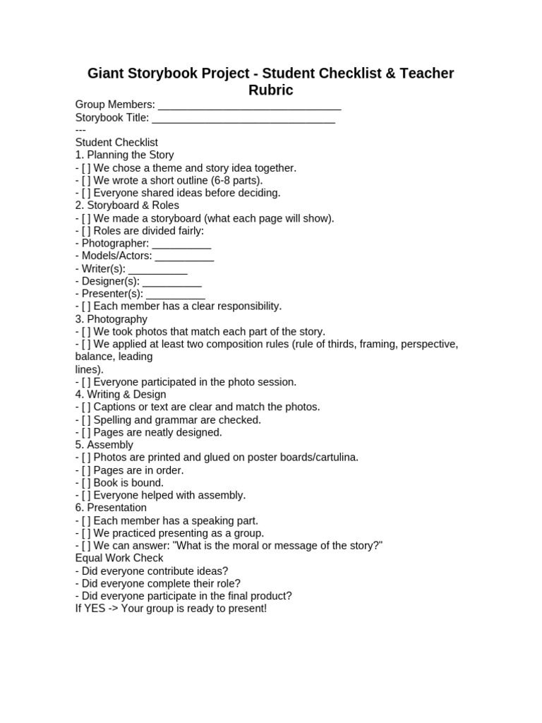Giant Storybook Project Checklist | PDF