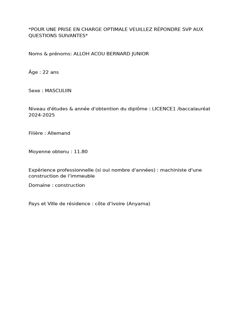 Profil de Bernard Junior Alloh Acou | PDF