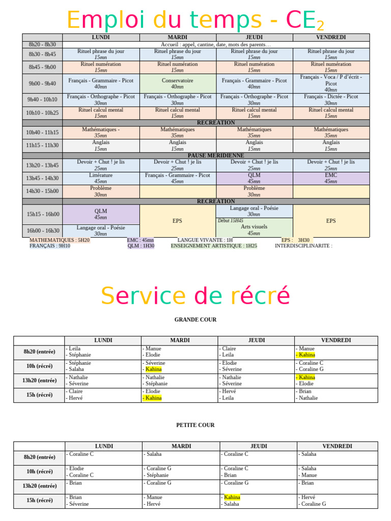 Emploi Du Temps Des CE2 | PDF | Écriture | Linguistique