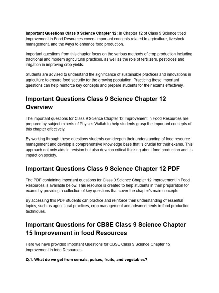 Class 9 Science Chapter 12 Key Questions | PDF | Agriculture | Weed