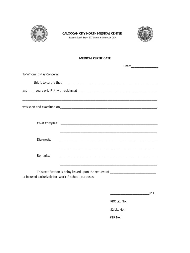 Caloocan City Medical Certificate Template | PDF
